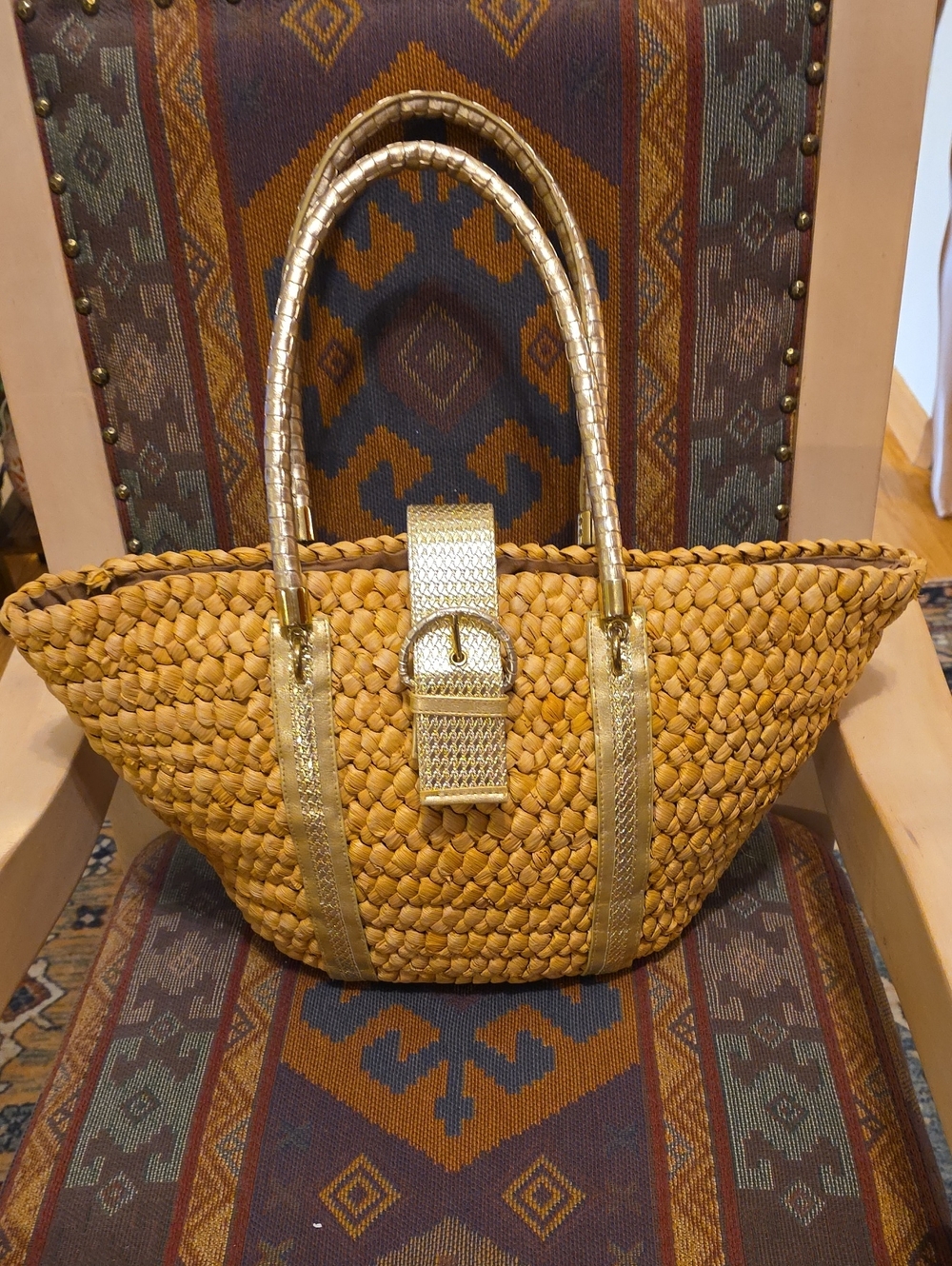 Y2K Straw Woven Vegan Leather Corn Husk Tote Bag Gold Buckle Beach Boho - Picture 7 of 15